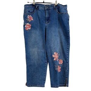 Gloria Vanderbilt Amanda Blue Floral Embroidered Crop Jeans Womens 12 Slimming